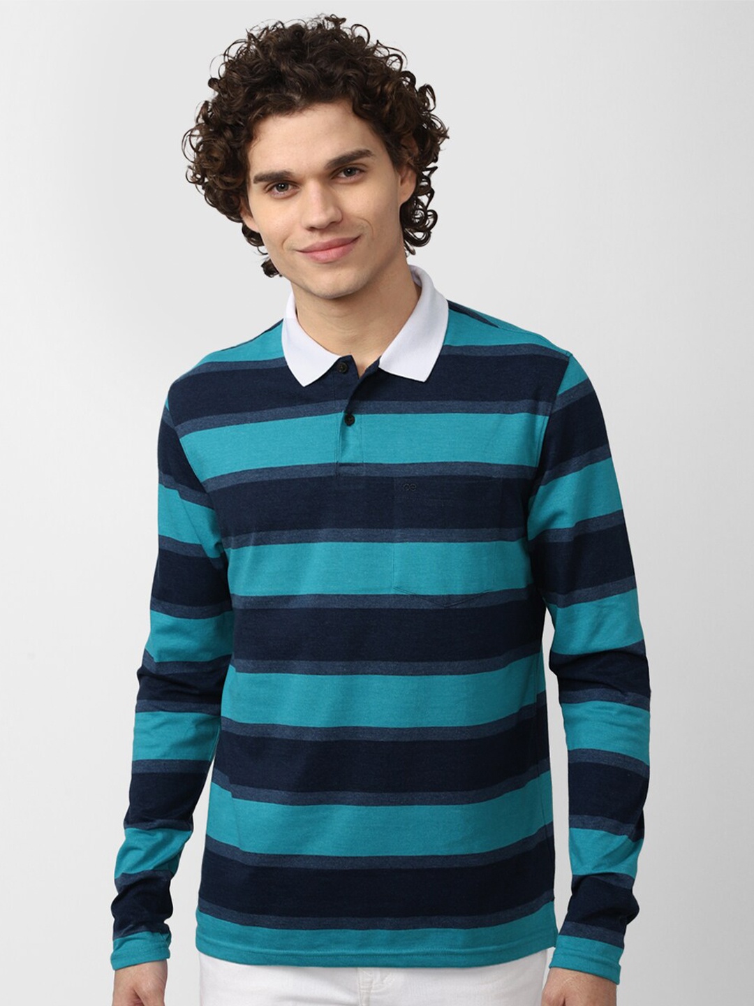 

Peter England Casuals Men Teal & Navy Blue Striped Polo Collar T-shirt