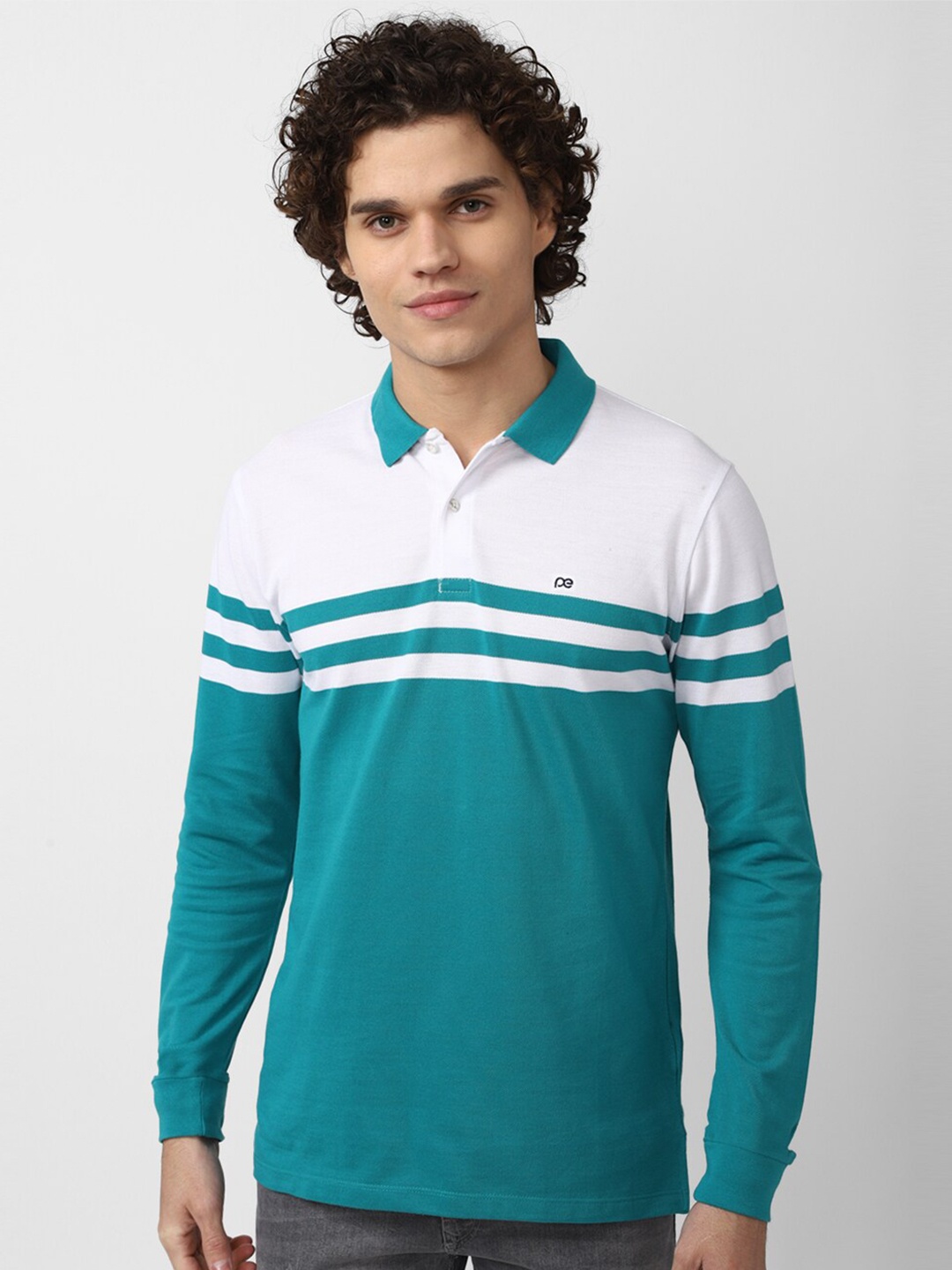 

Peter England Casuals Men Blue & White Colourblocked Polo Collar Cotton T-shirt