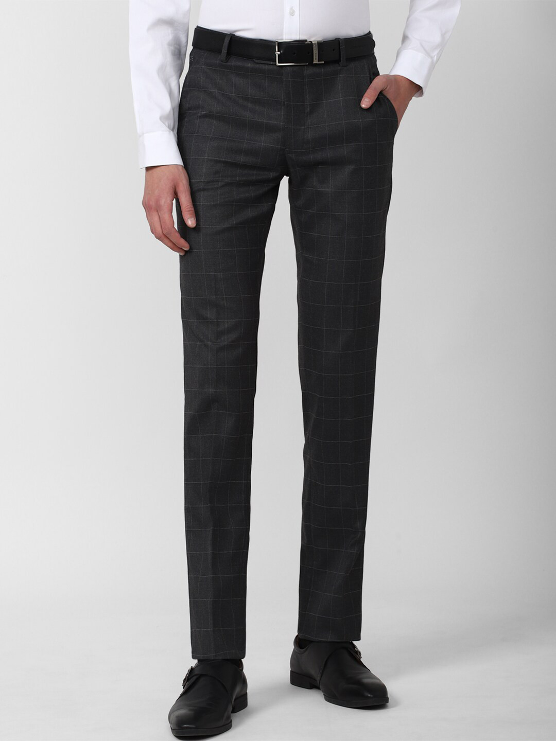 

Peter England Men Checked Slim Fit Formal Trousers, Charcoal