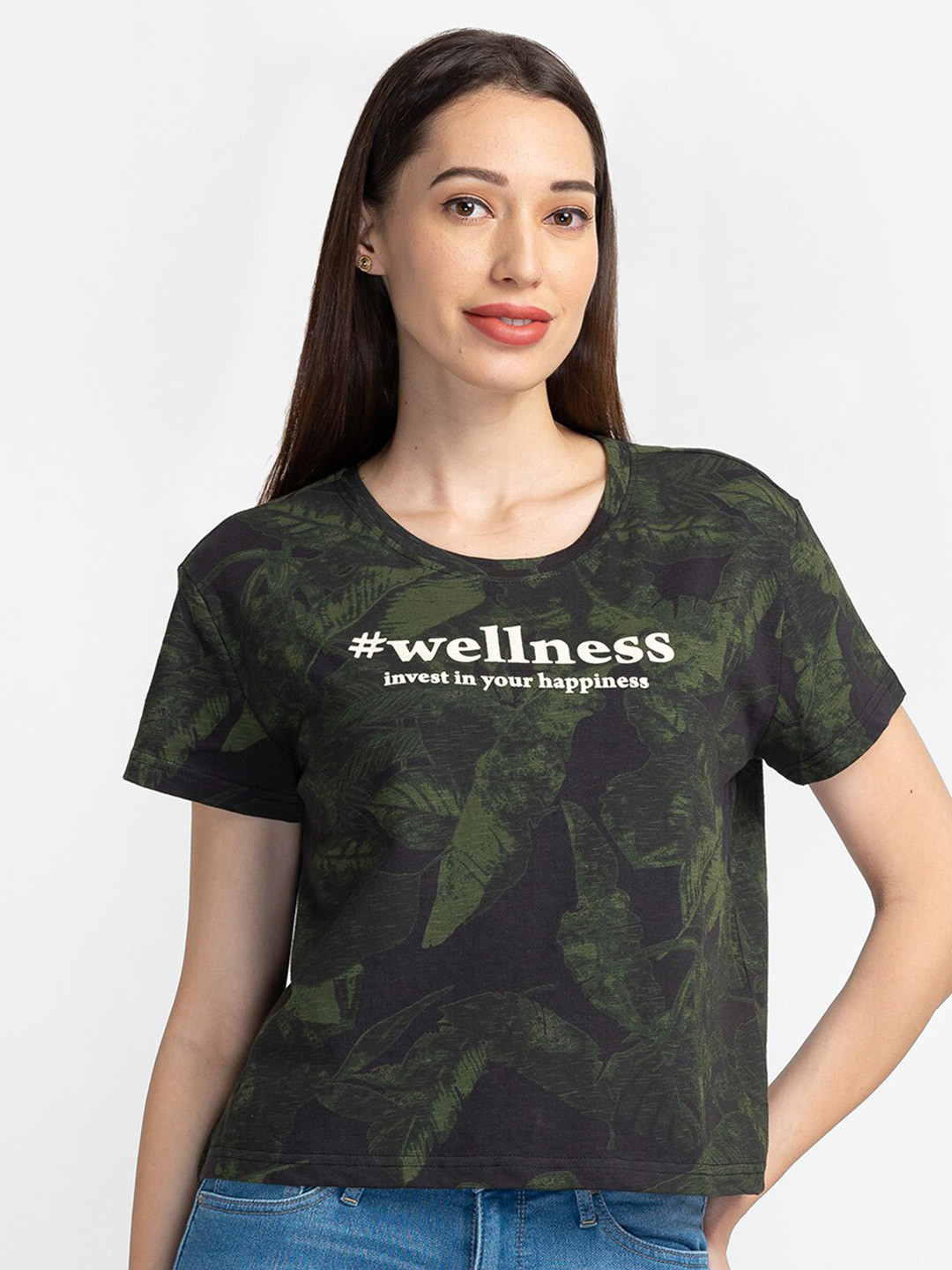 

Globus Women Olive Green Printed Tropical T-shirt