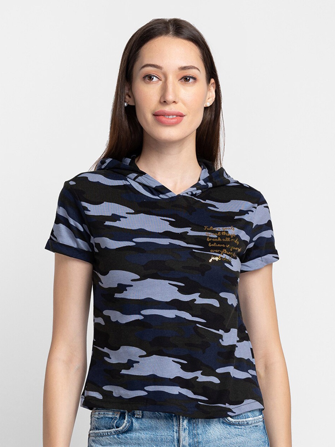 

Globus Women Olive Green & Grey Camouflage Printed T-shirt