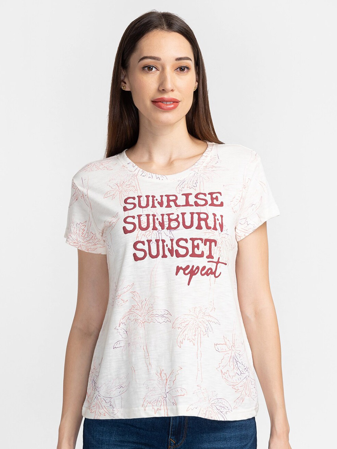 

Globus Women Off White Typography Printed Cotton T-shirt