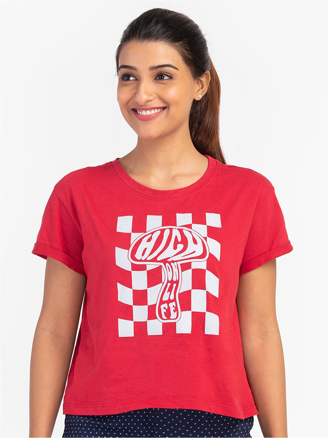 

Globus Women Red & White Printed Cotton T-shirt