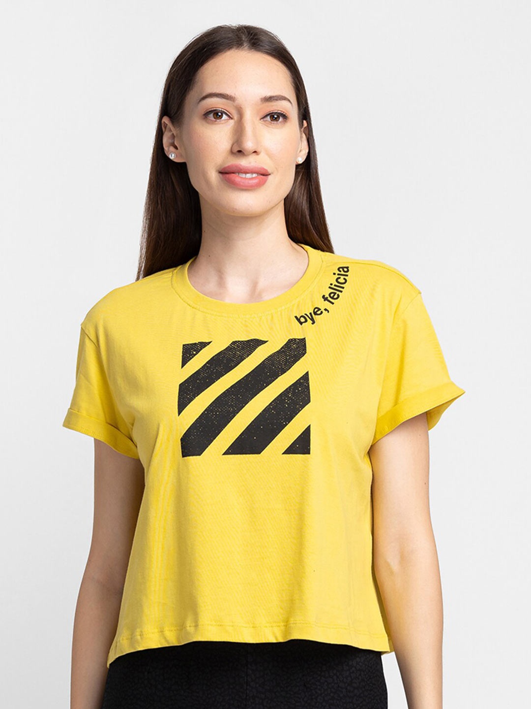 

Globus Women Yellow Printed Cotton T-shirt