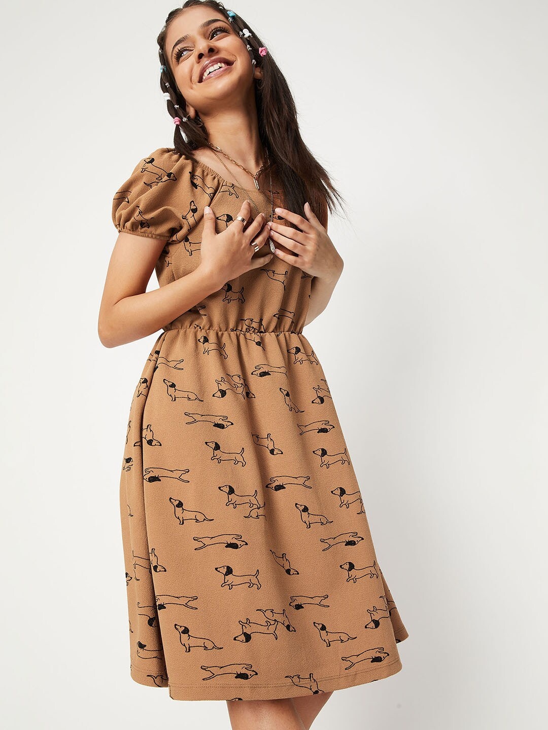 

max Girls Beige Printed A-Line Dress