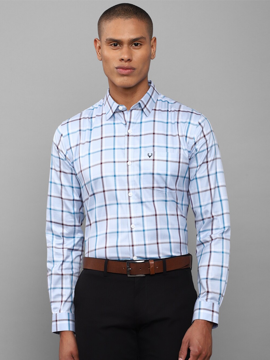 

Allen Solly Men Blue Slim Fit Windowpane Checks Pure Cotton Formal Shirt