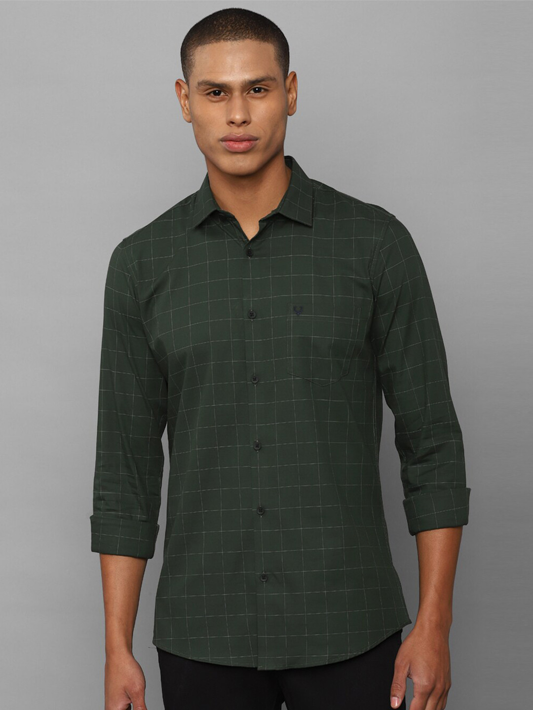 

Allen Solly Men Slim Fit Windowpane Checks Cotton Casual Shirt, Green