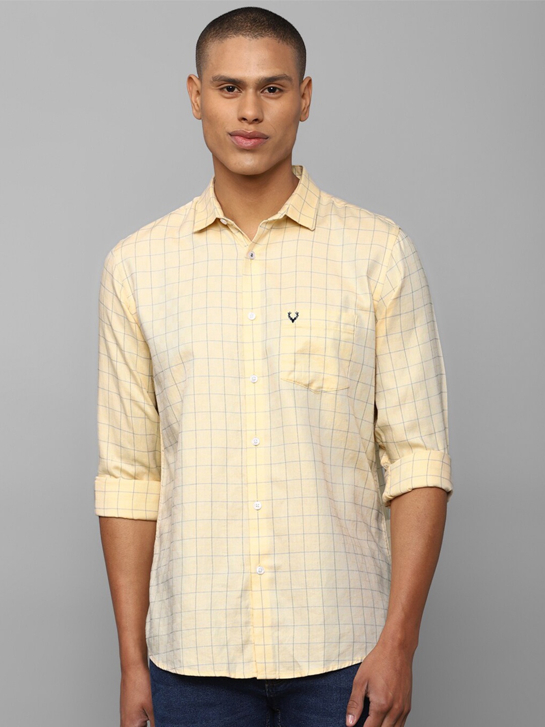 

Allen Solly Men Yellow Slim Fit Windowpane Checks Pure Cotton Casual Shirt