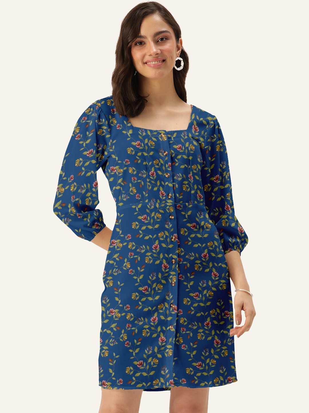 

DressBerry Women Teal Square Neck Floral Sheath Dress
