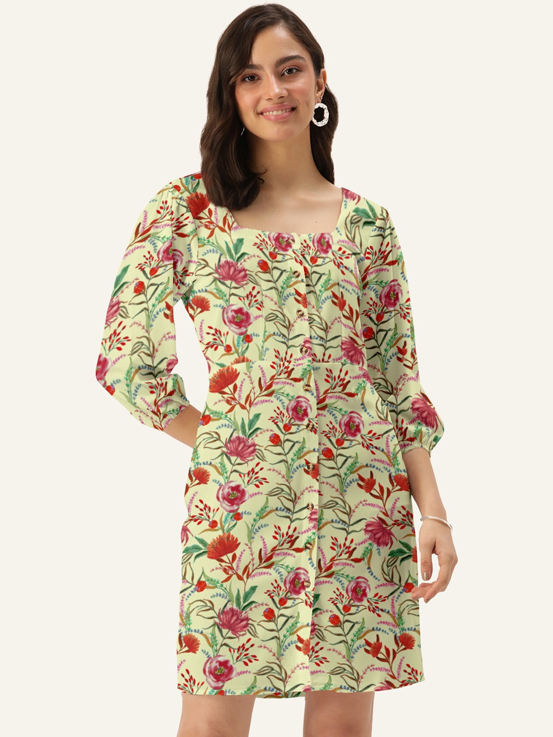 

DressBerry Women Yellow Square Neck Floral Sheath Dress