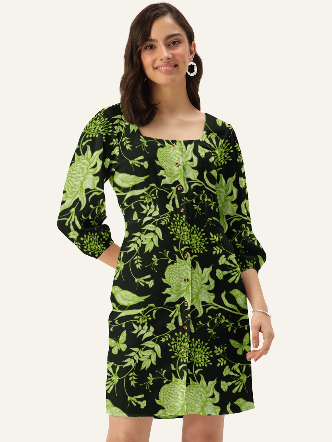 

DressBerry Women Black Square Neck Tropical Sheath Dress