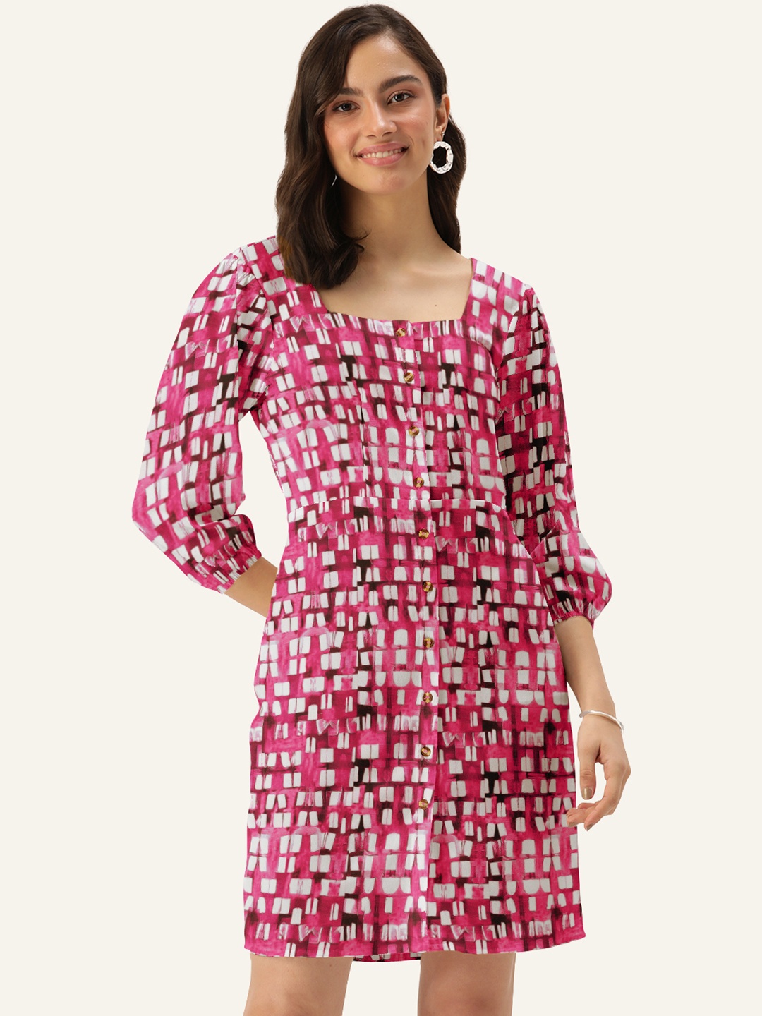 

DressBerry Pink & White Printed A-Line Dress