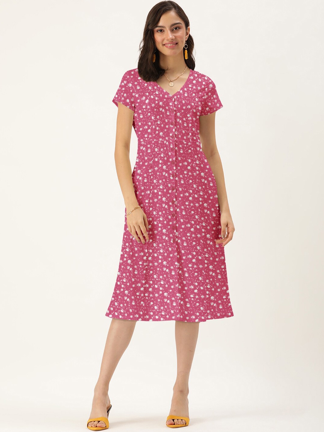 

DressBerry Women Pink V Neck Floral A-Line Dress