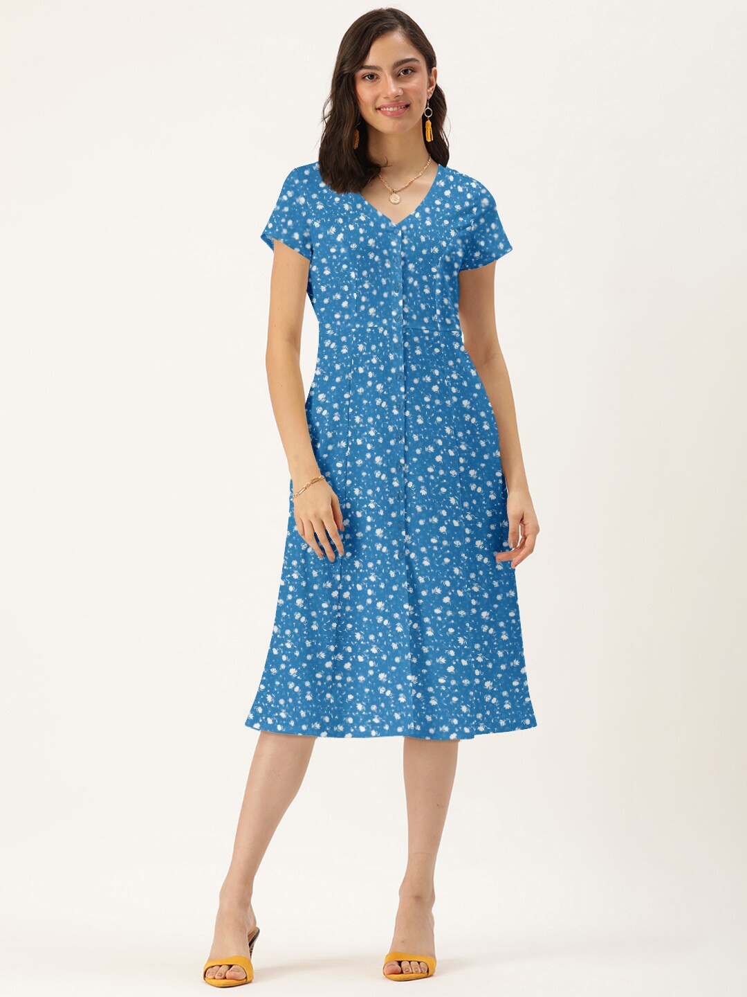 

DressBerry Women Blue V Neck Floral A-Line Dress