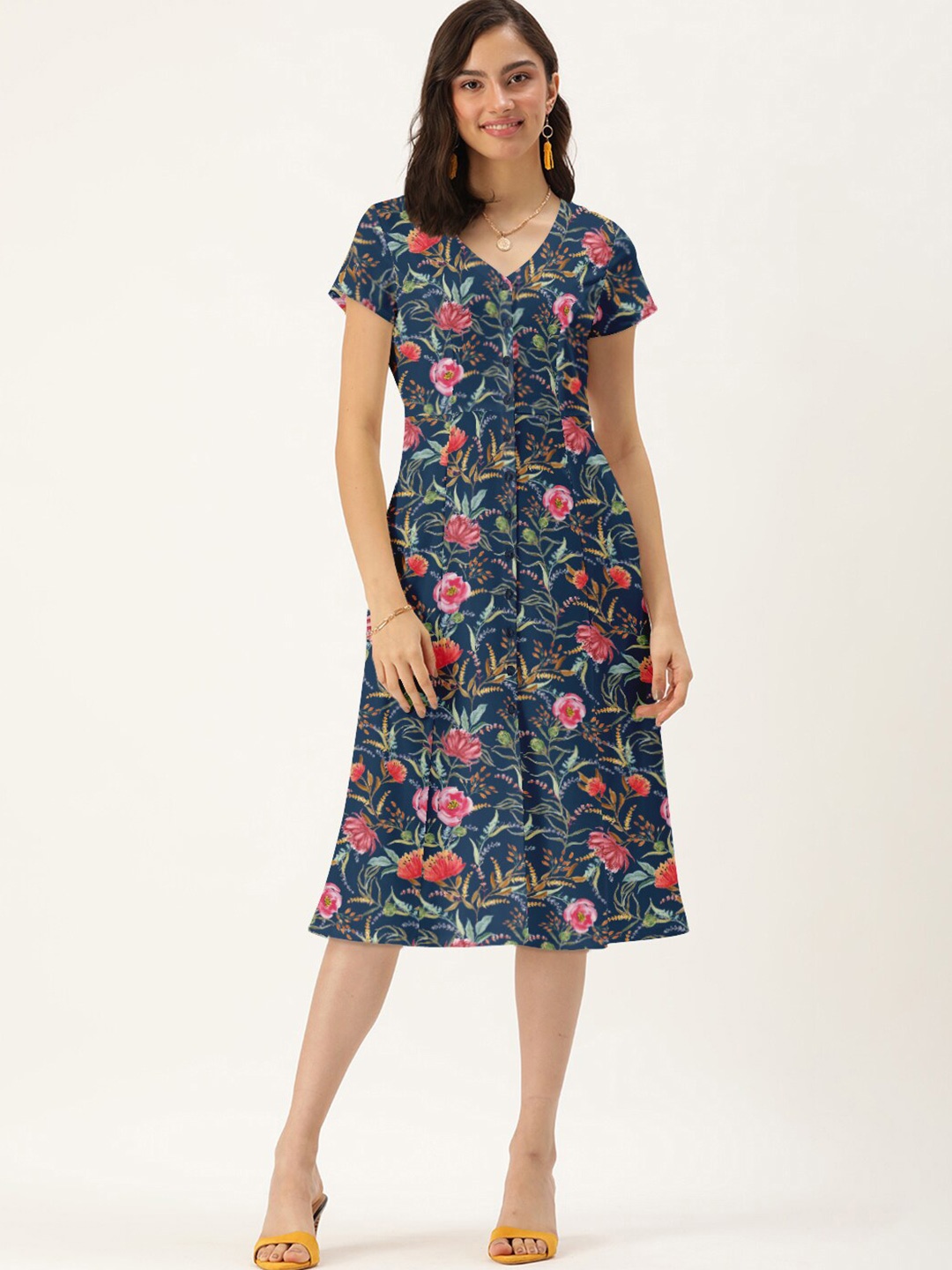 

DressBerry Women Navy Blue V Neck Floral A-Line Dress