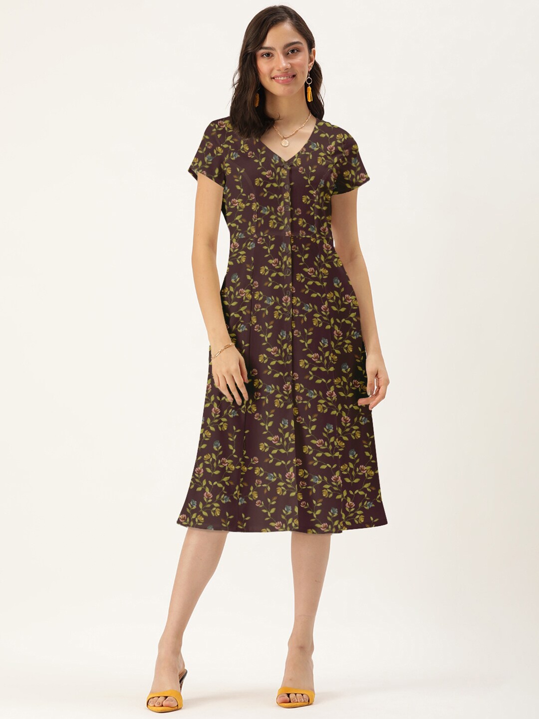 

DressBerry Women Brown V Neck Floral A-Line Dress