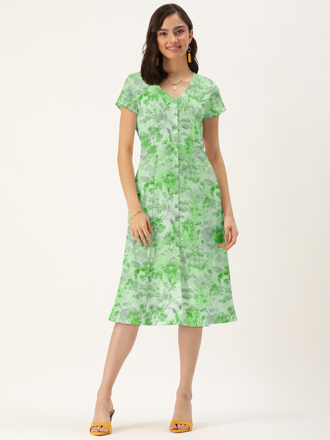 

DressBerry Women Green V Neck Floral A-Line Dress