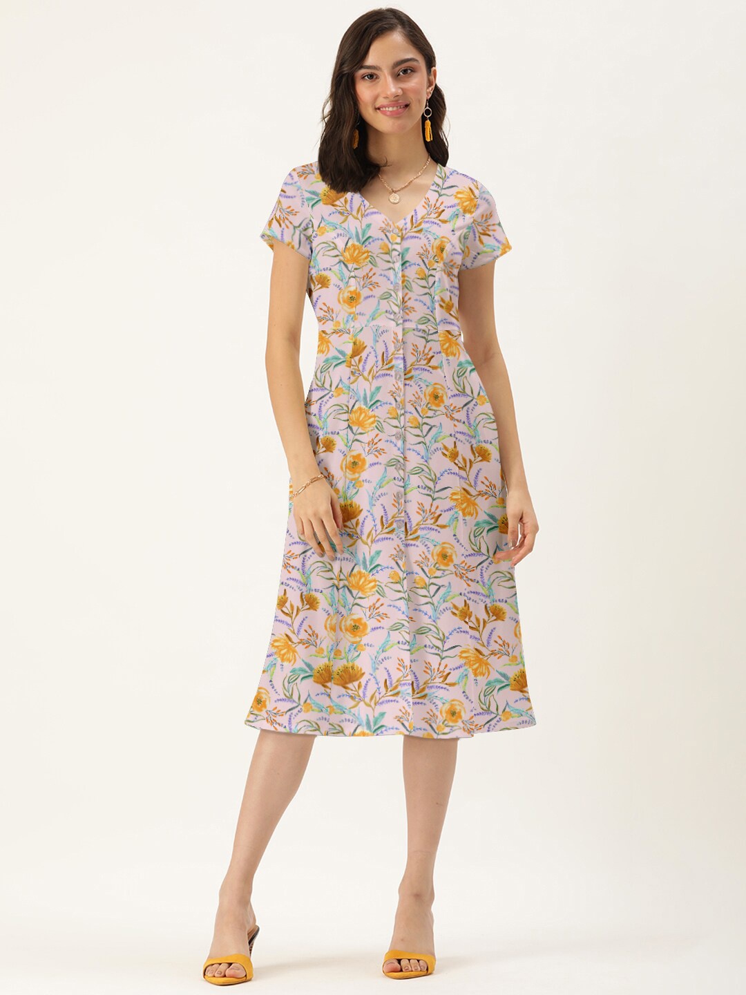 

DressBerry Women Rose V Neck Floral A-Line Dress