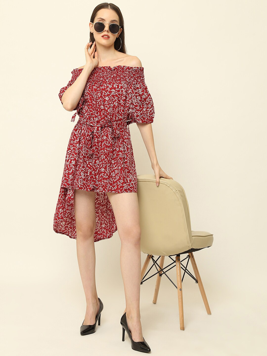 

Vastralay Women Maroon & Off White Floral Off-Shoulder A-Line Dress