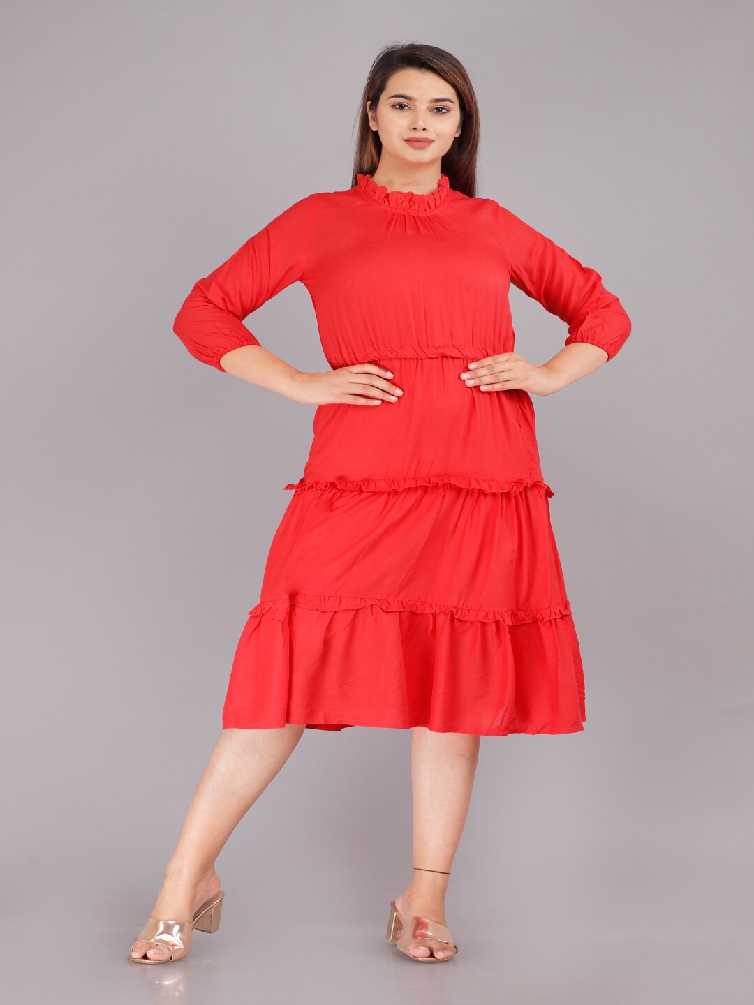 

Vastralay Women Coral Fit & Flared Tiered Midi Dress