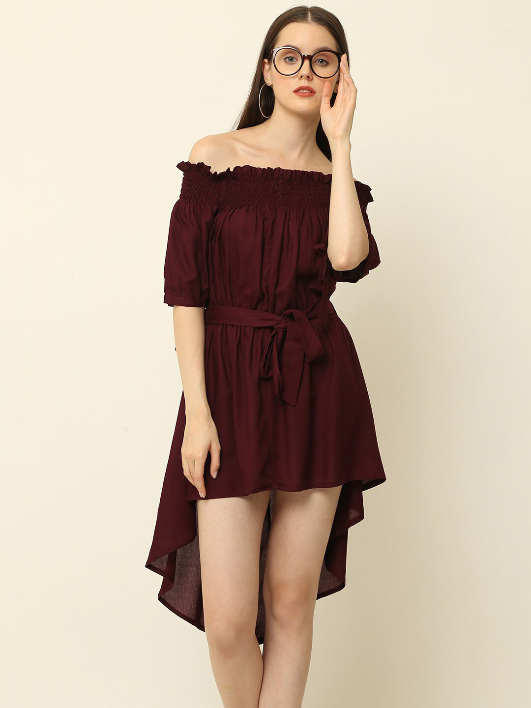 

Vastralay Women Burgundy Off-Shoulder High Low Dress