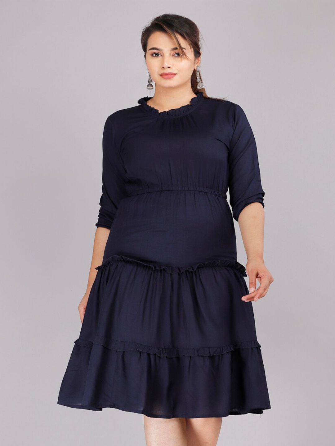 

Vastralay Women Navy Blue Fit & Flared Tiered Midi Dress