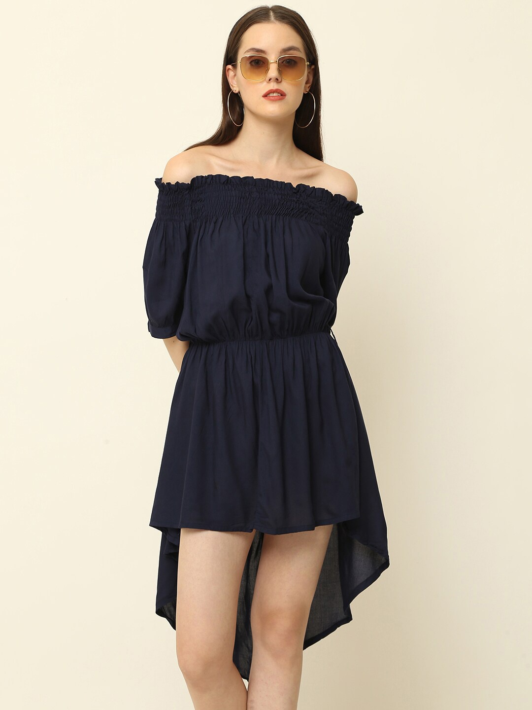 

Vastralay Women Navy Blue Off-Shoulder High Low Dress
