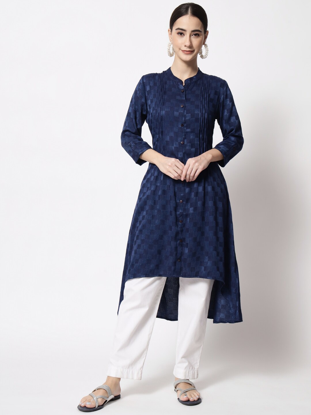 

Vastralay Women Blue Checked Woven Design High Low Kurta