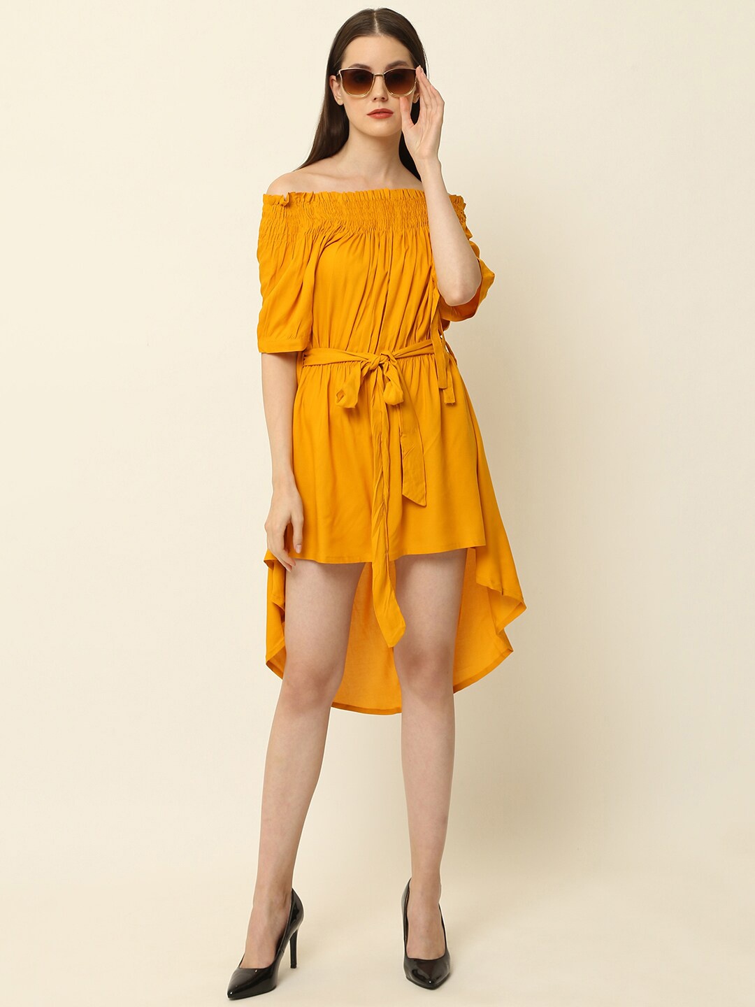 

Vastralay Mustard Yellow Off-Shoulder A-Line High Low Dress