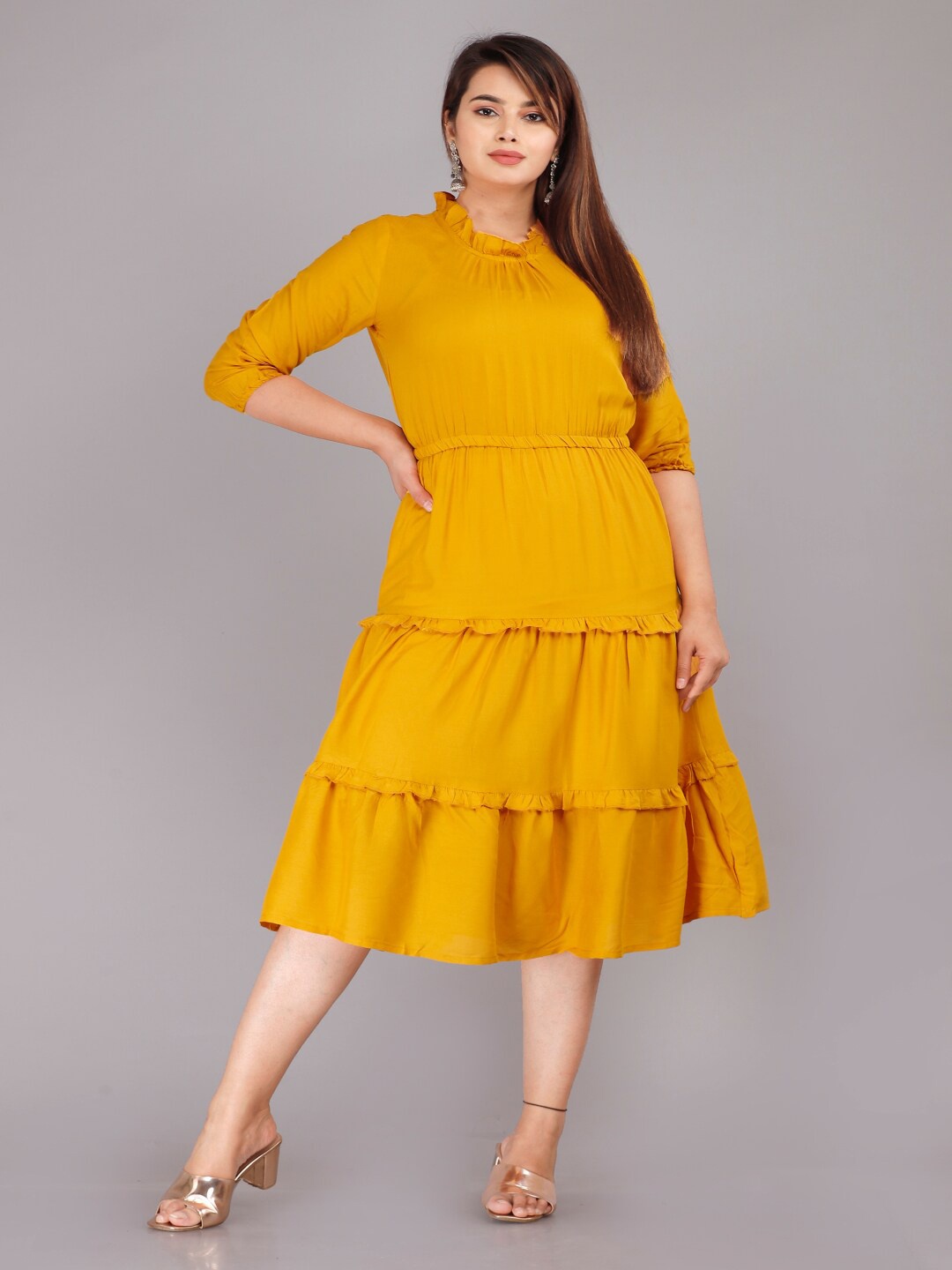 

Vastralay Women Mustard Yellow Fit & Flared Tiered Midi Dress