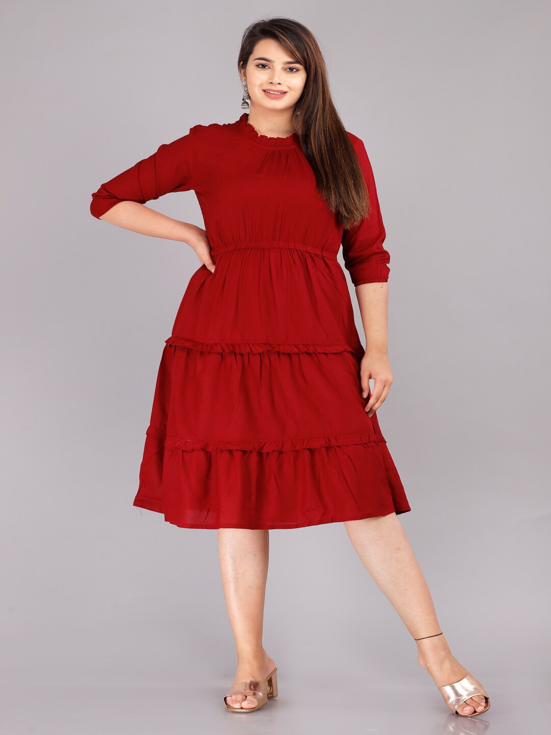 

Vastralay Women Maroon Fit & Flared Tiered Midi Dress
