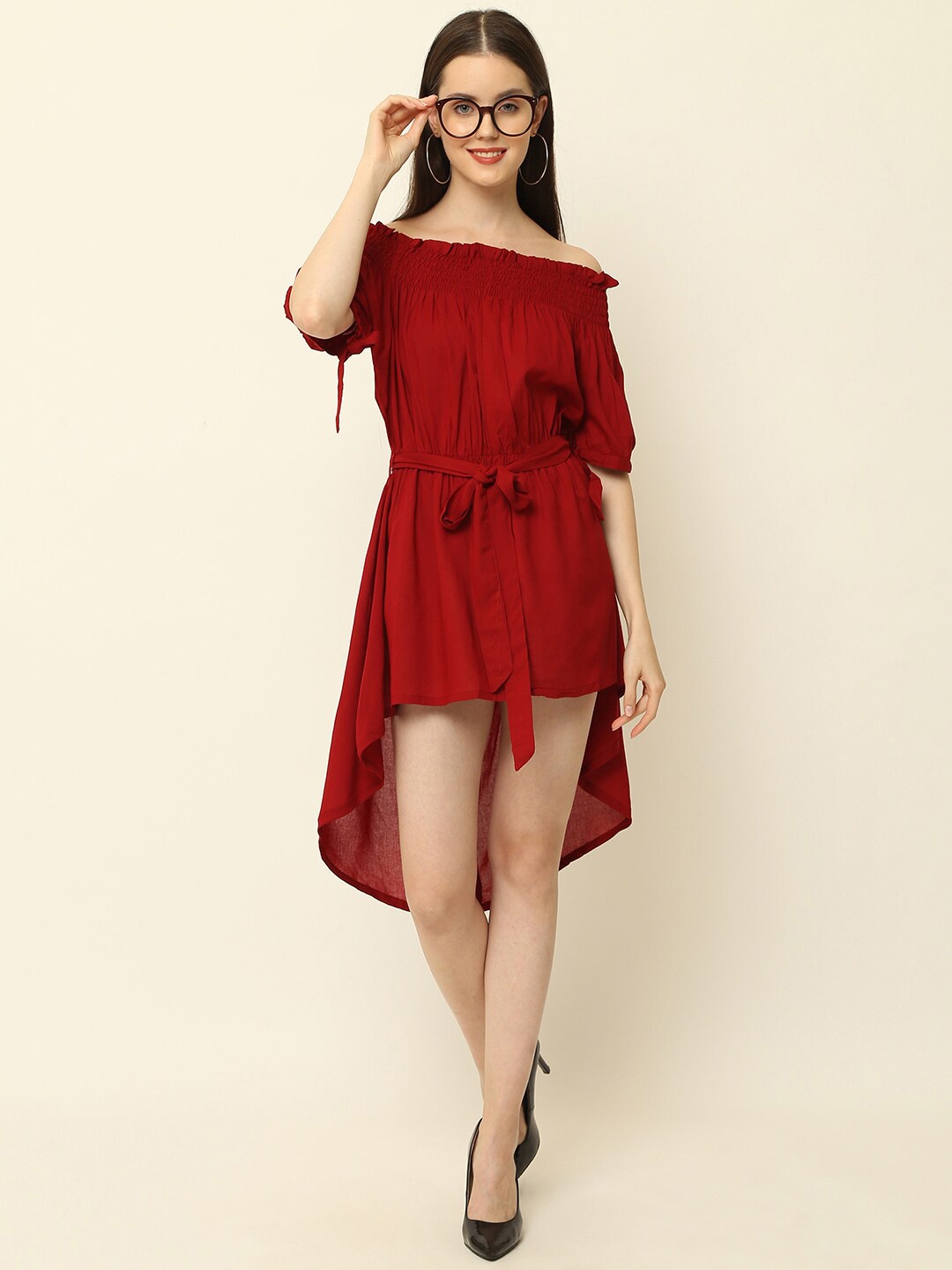 

Vastralay Maroon Off-Shoulder A-Line High Low Dress