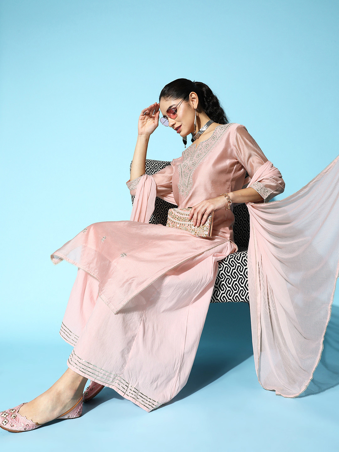 

ZOLA Women Pink Ethnic Motifs Printed Sequinned Chanderi Silk Kurta with Palazzos & With Dupatta
