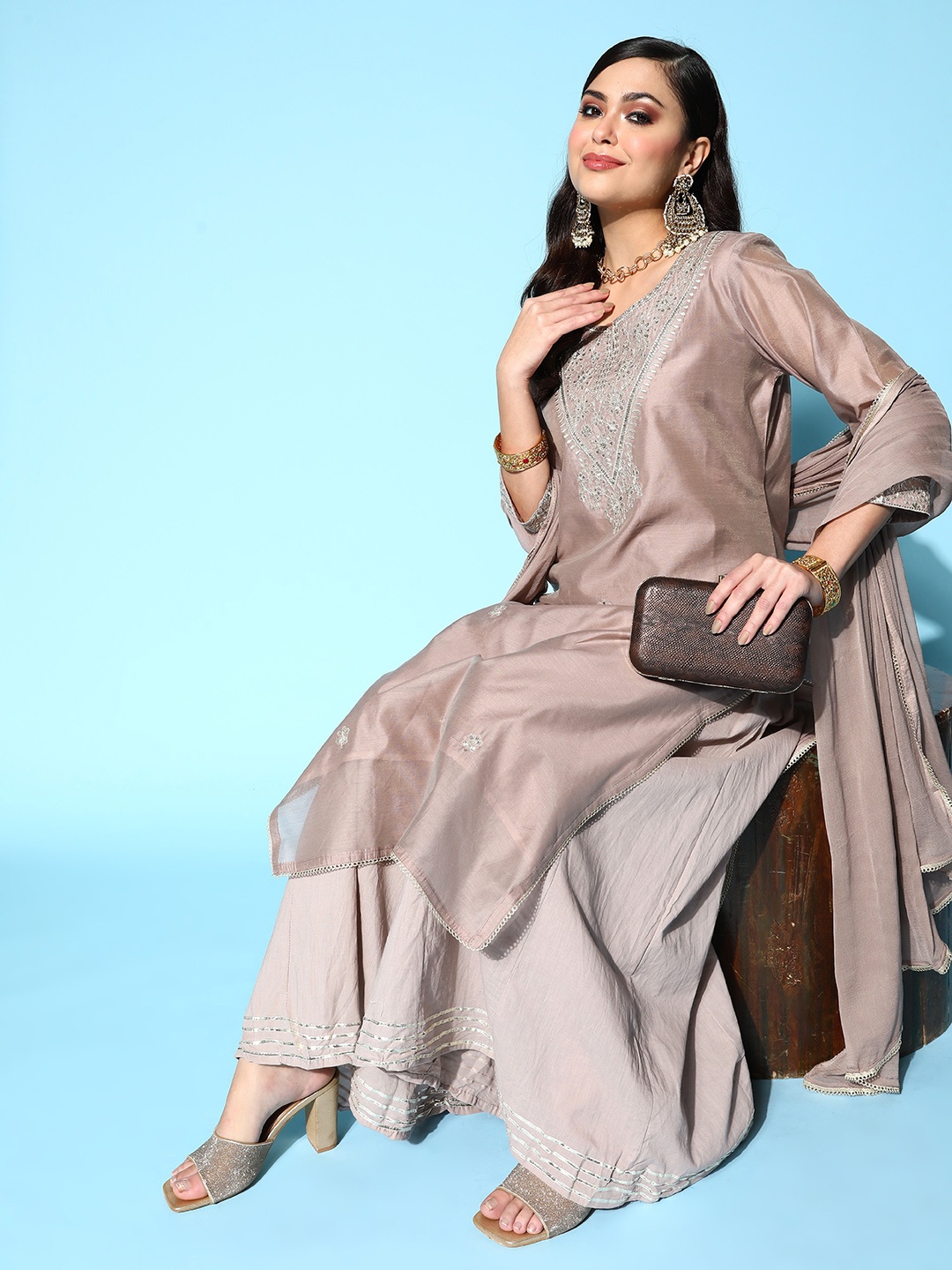 

ZOLA Women Coral Ethnic Motifs Printed Sequinned Chanderi Silk Kurta with Palazzos & With Dupatta