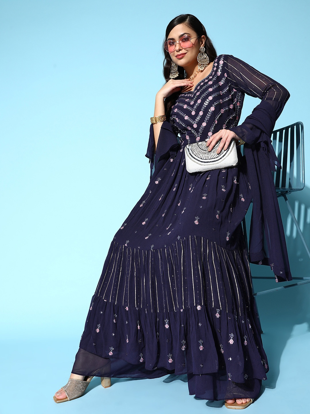 

ZOLA Women Navy Blue Floral Embroidered Pleated Kurta with Palazzos & Dupatta