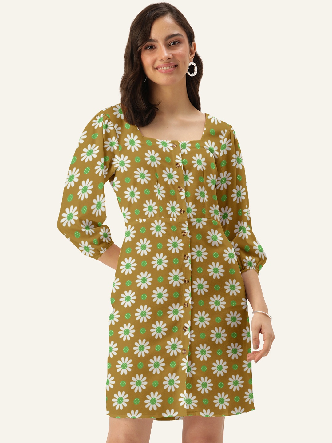 

DressBerry Brown & Green Floral Printed A-Line Dress