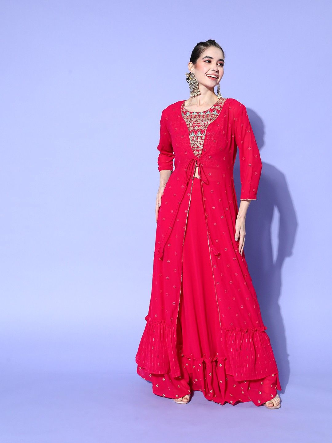 

Kvsfab Pink Embroidered Ready to Wear Zari Lehenga & Choli with Shrug
