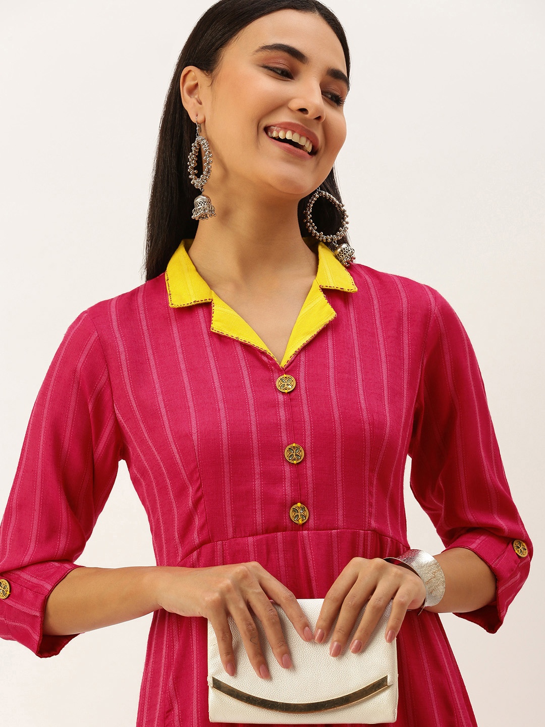 

HEEPOSH Women Pink Striped Shirt Collar Flared Maxi Ethnic Dress