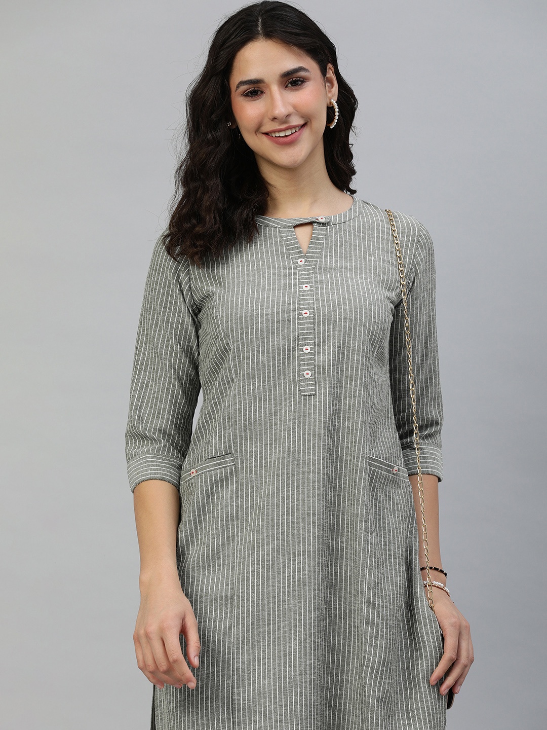 

ETIQUETTE Women Grey Striped Keyhole Neck Kurta