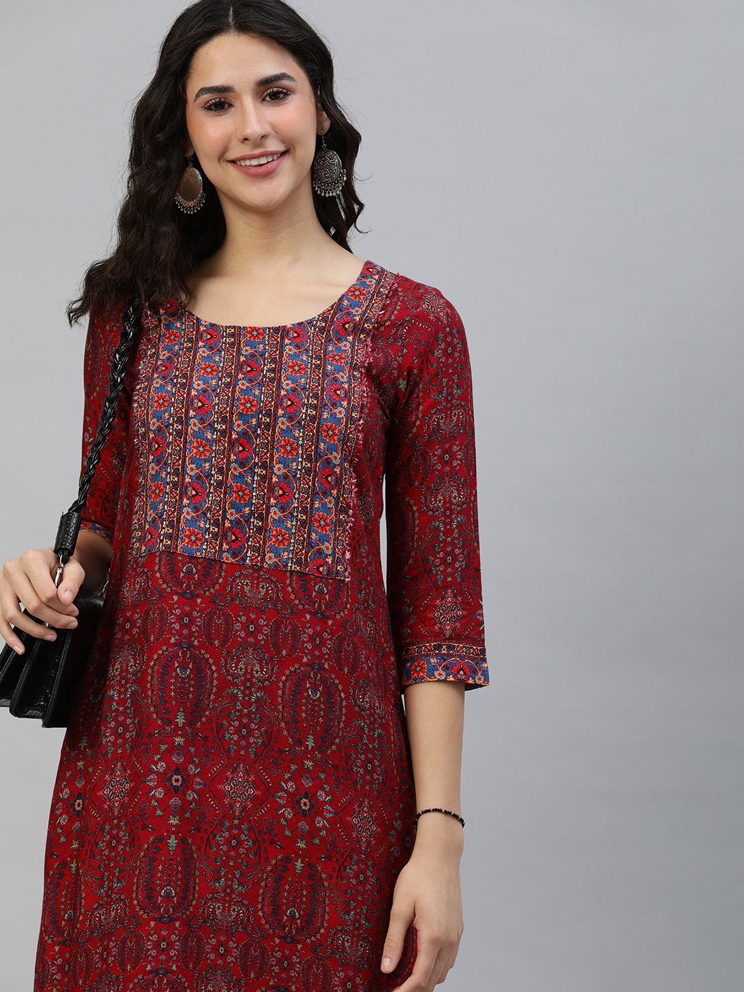

ETIQUETTE Women Maroon Linen Cotton Floral Print Kurta