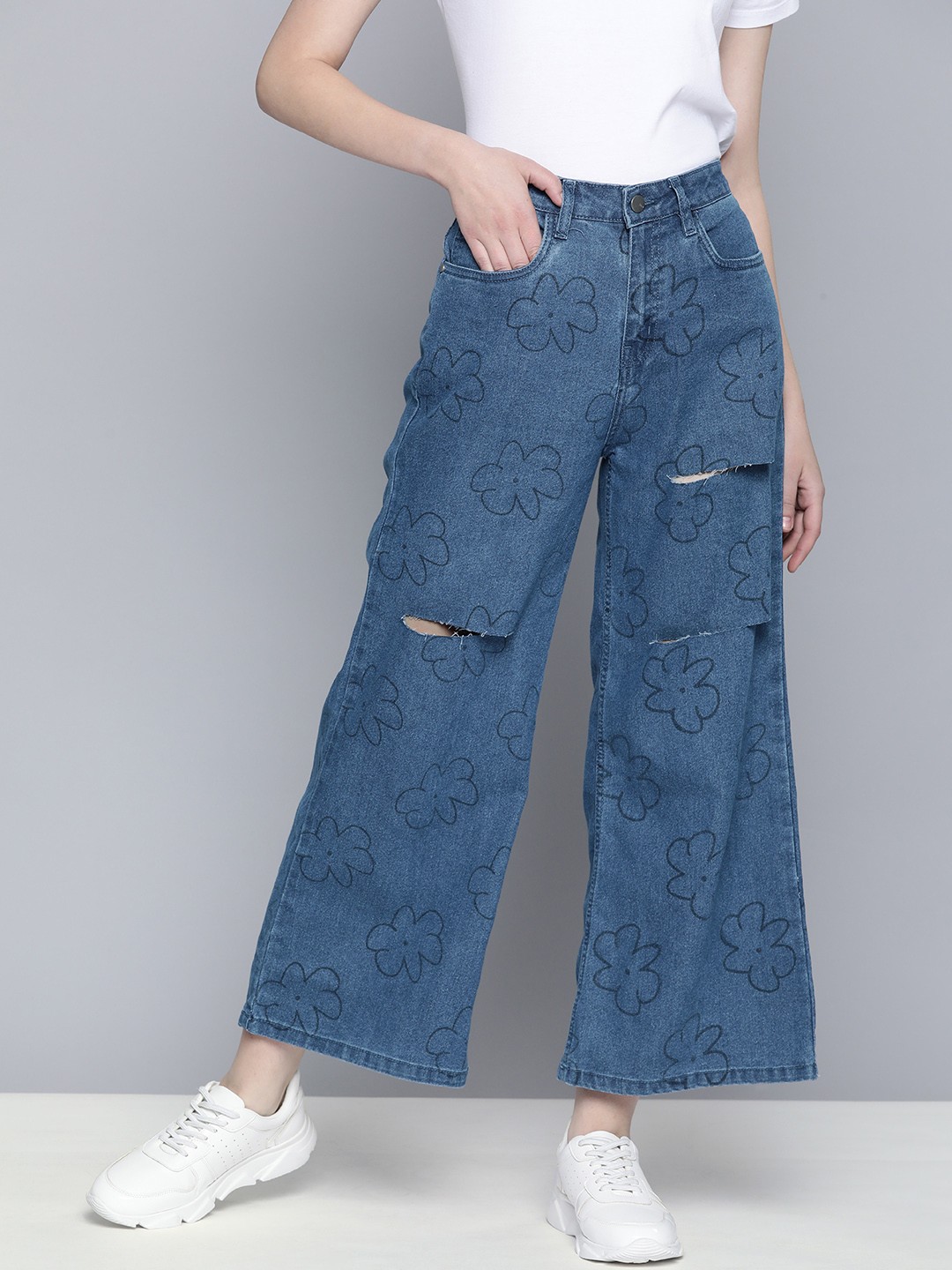 

Mast & Harbour Women Wide Leg Printed Jeans, Blue