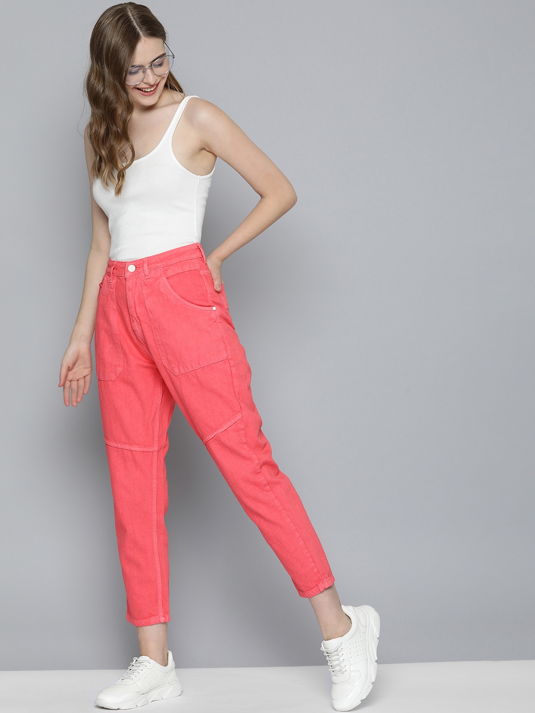 

Mast & Harbour Women Pure Cotton Boyfriend Fit High-Rise Stretchable Jeans, Pink