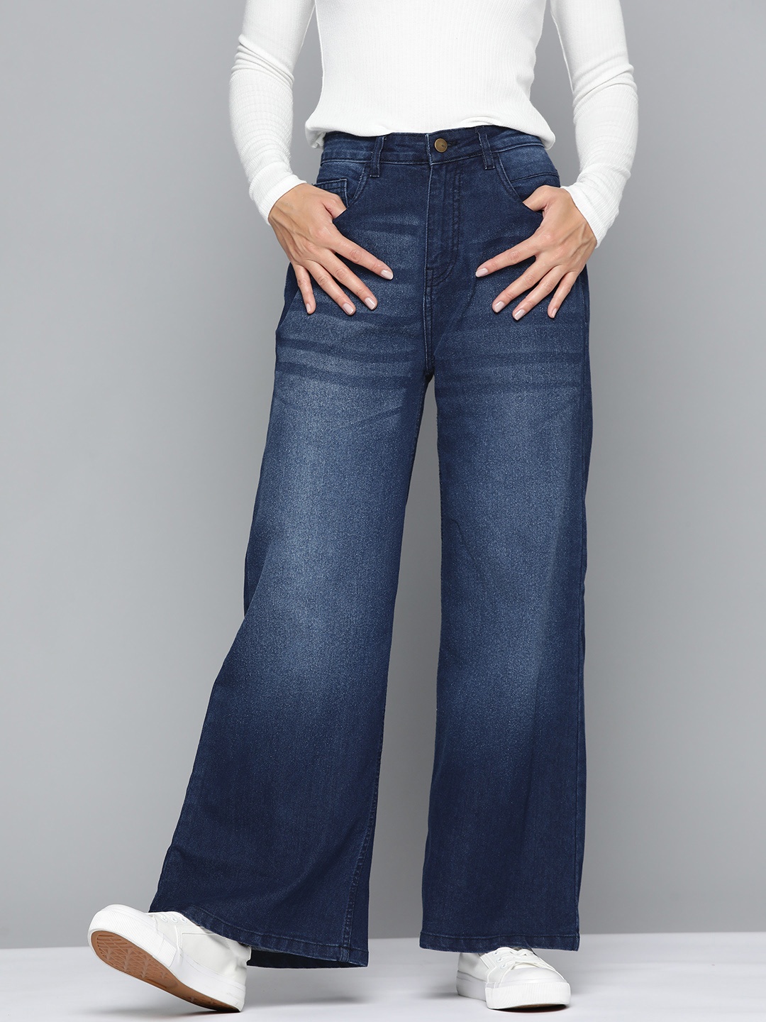 

Mast & Harbour Women Wide Leg Light Fade Stretchable Jeans, Navy blue