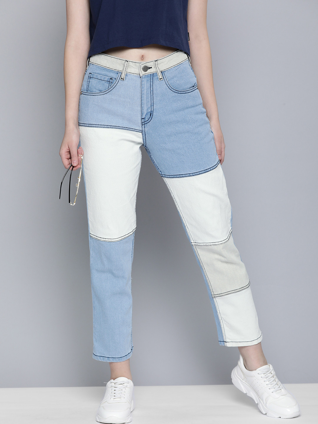 

Mast & Harbour Women Straight Fit Light Fade Colourblocked Stretchable Jeans, Blue