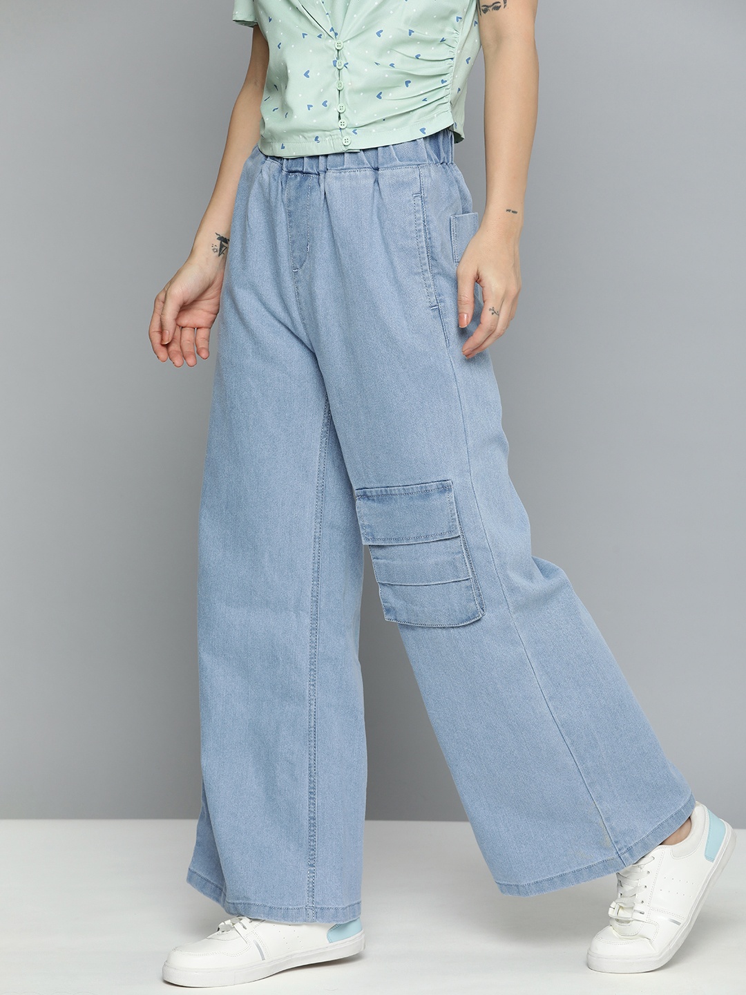

Mast & Harbour Women Wide Leg Light Fade Stretchable Jeans, Blue