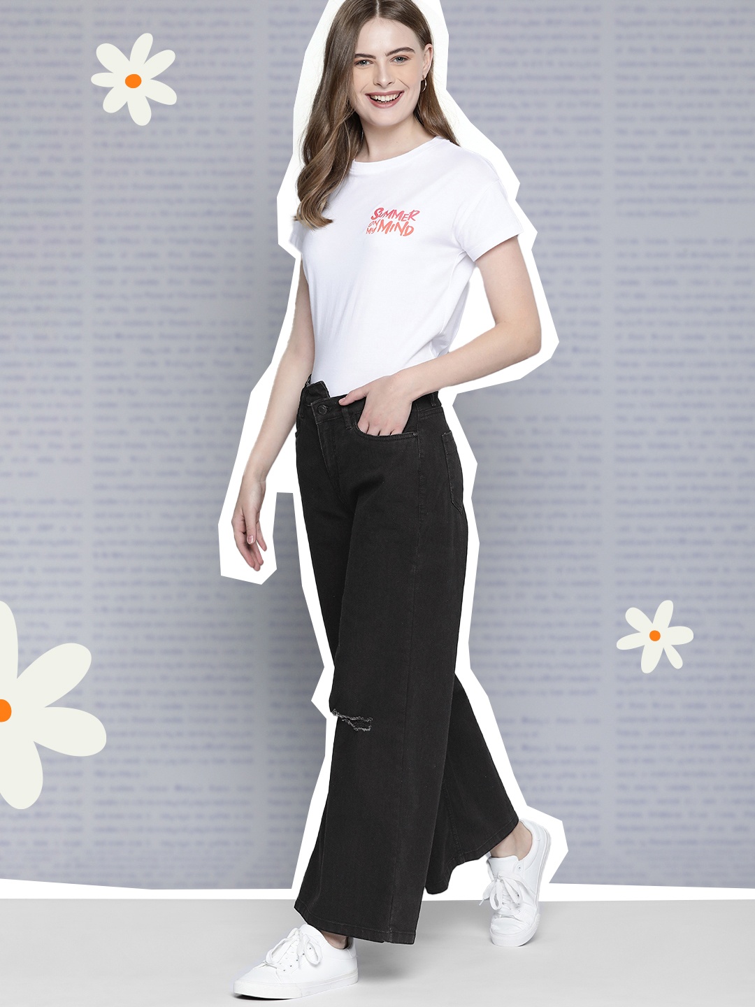 

Mast & Harbour Women Wide Leg Slash Knee Stretchable Jeans, Black