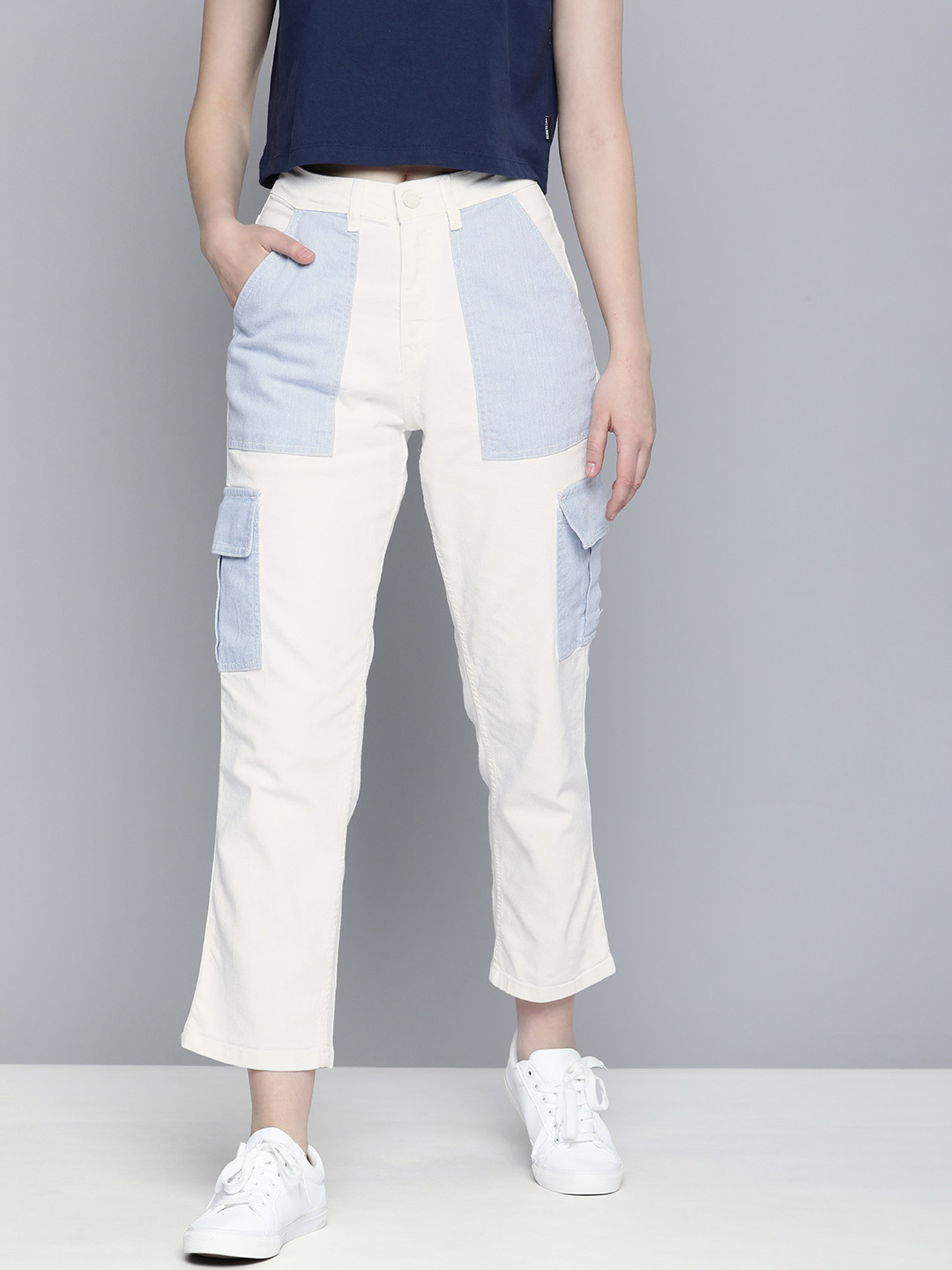 

Mast & Harbour Women Pure Cotton Straight Fit Colourblocked Jeans, Off white