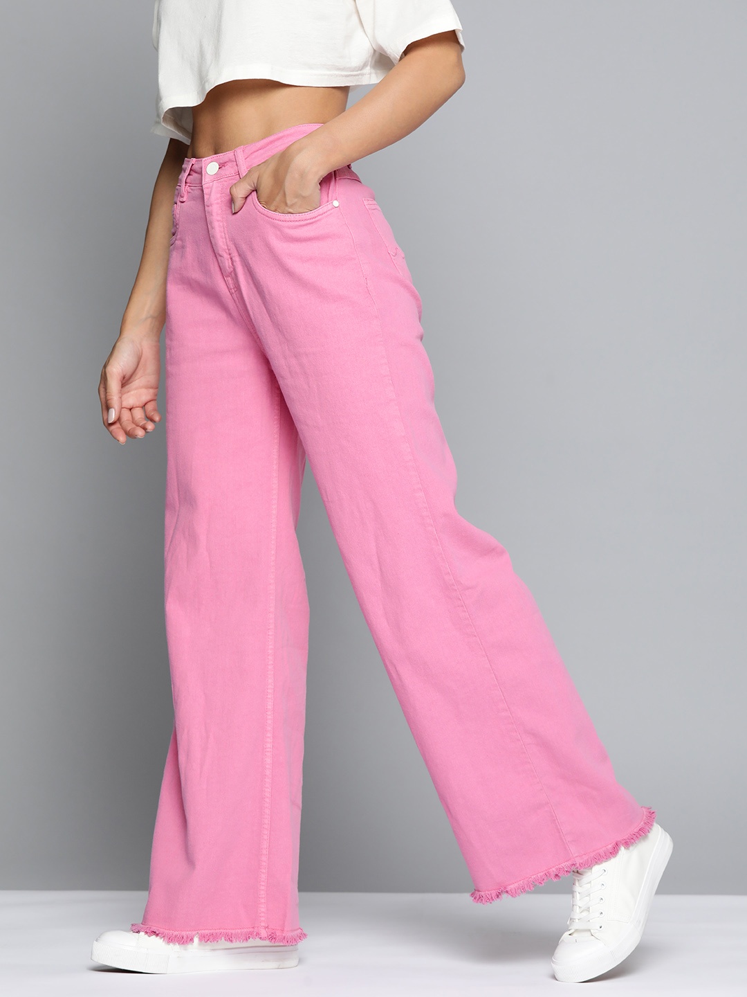 

Mast & Harbour Women Pure Cotton Flared High-Rise Jeans, Pink