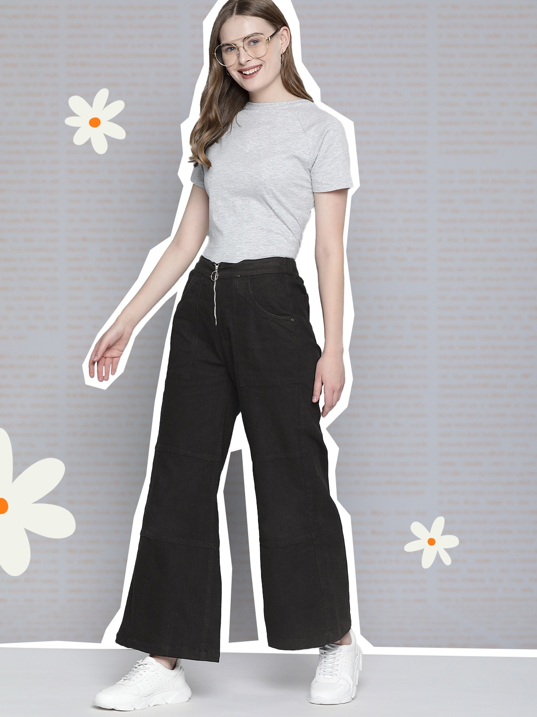

Mast & Harbour Women Wide Leg Stretchable Jeans, Black