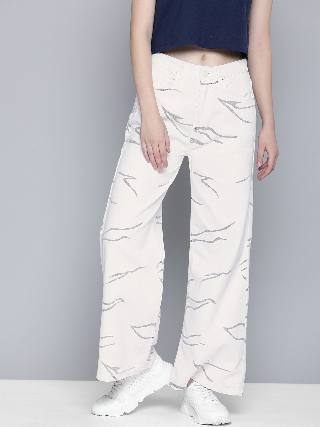 

Mast & Harbour Women Pure Cotton Wide Leg Printed Jeans, White